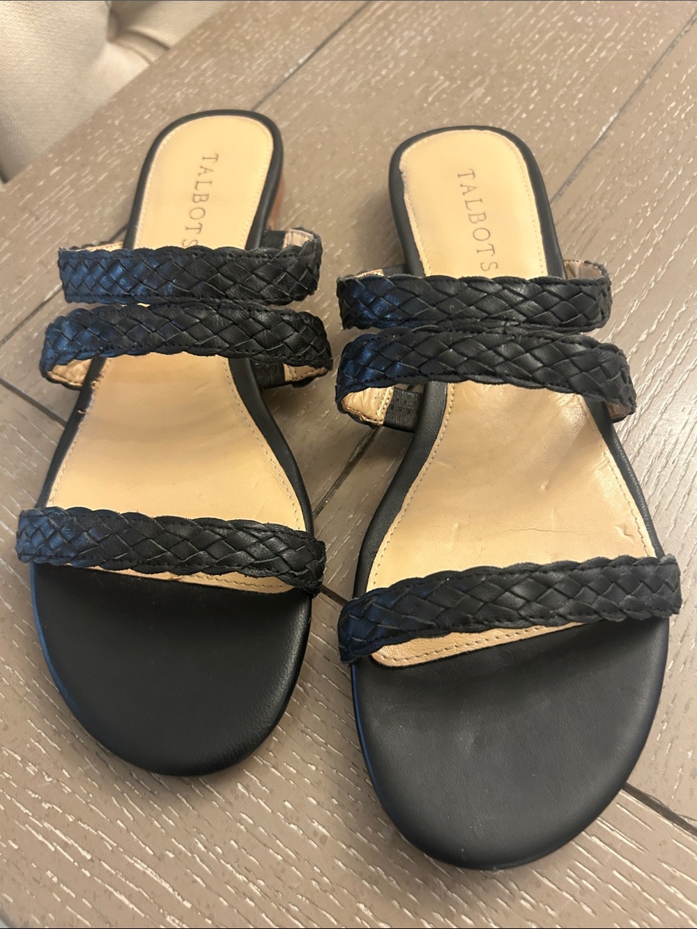 Talbots Black Leather Braided Triple-Strap Slide Sandals SZ 9.5